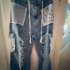 POL Blue Denim Pants with Lace Detail